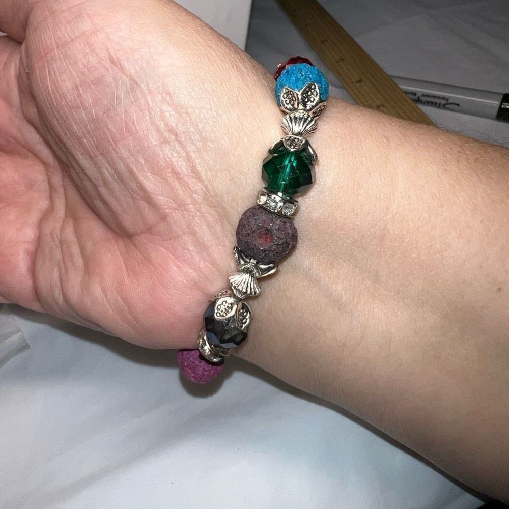 Silver Tone Colorful Lava Rock Bead Good Luck Elephant Charm Bracelet - Picture 7 of 7
